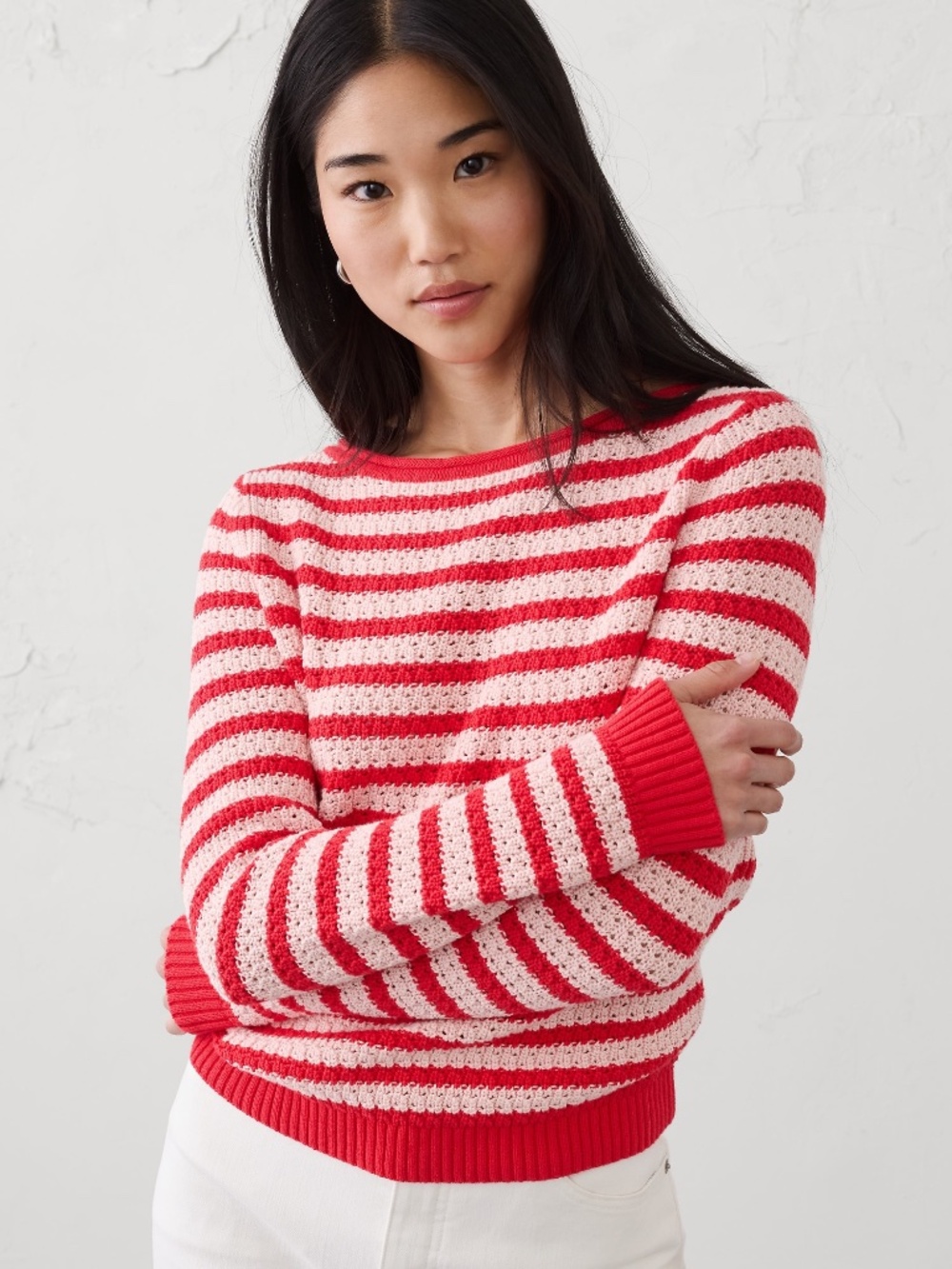 COTTON BOATNECK CROCHET SWEATER - RED and PINK STRIPE